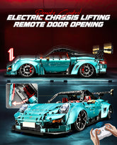 1:8 Blue Porsche GT2 RS with Electric Suspension Lifting, Electric Doors Remote Control Model (3389 Pcs) - BAV BRICK